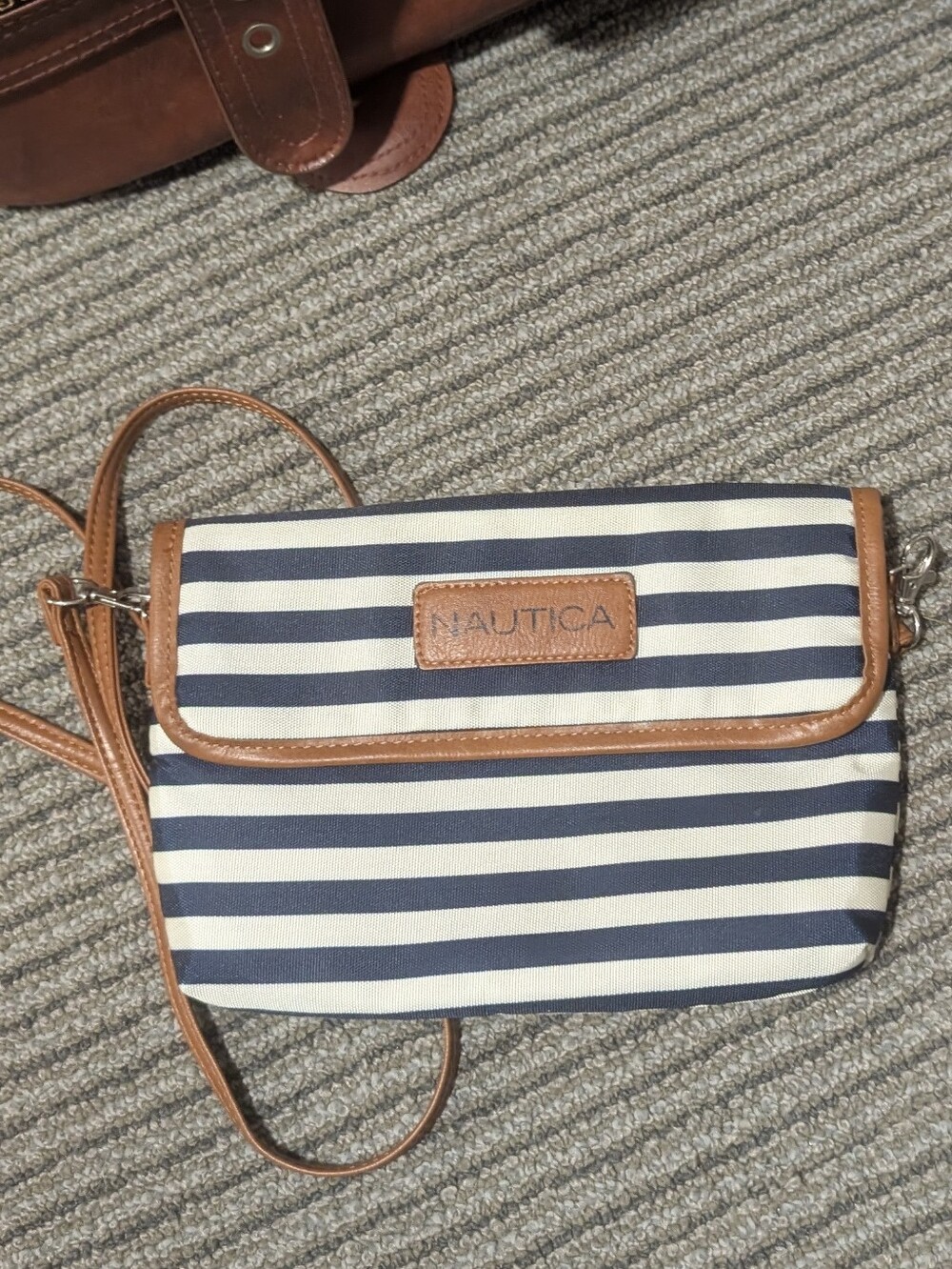 Nautica Navy & White Striped Crossbody with Brown Trim